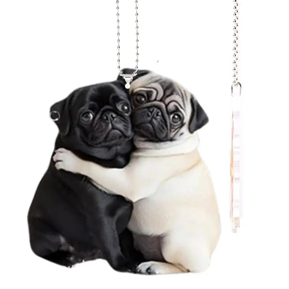 Adorable Pug Acrylic Rearview Mirror Pendant – 2D Cute Puppy Car Ornament & Keychain Charm
