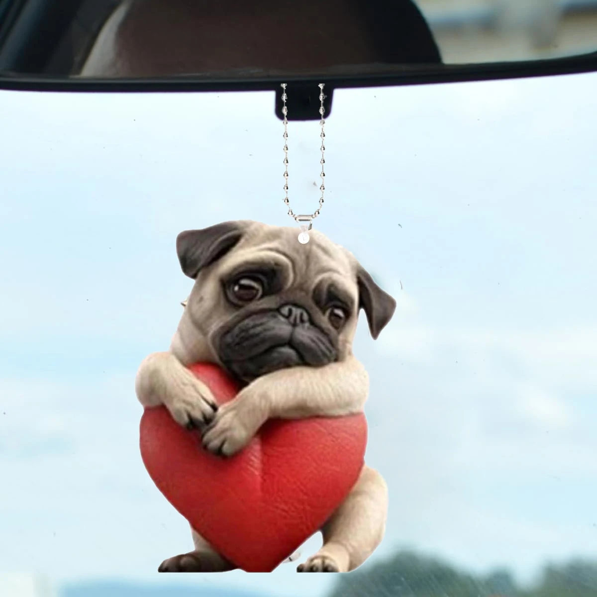 Adorable Pug Acrylic Rearview Mirror Pendant – 2D Cute Puppy Car Ornament & Keychain Charm