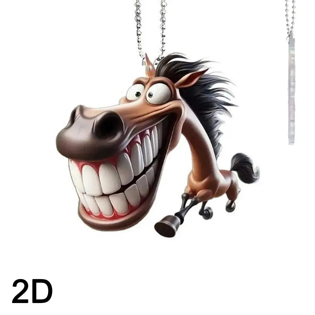 2D Cute Big Mouth Horse Rearview Mirror Pendant – Car Interior Animal Hanging Ornament