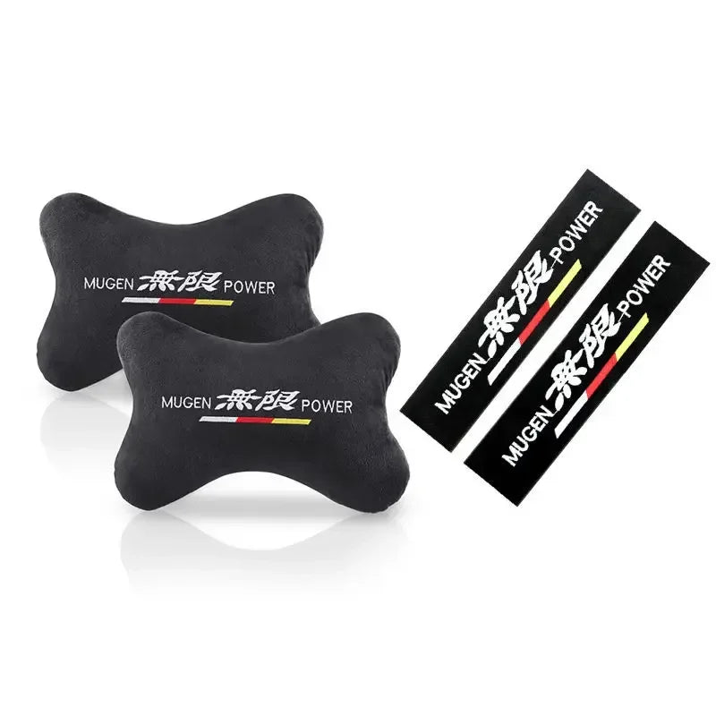 MUGEN Power Sport Car Seat Belt Shoulder Pads Set – Safety Handle Cover & Neck Pillow Styling Kit