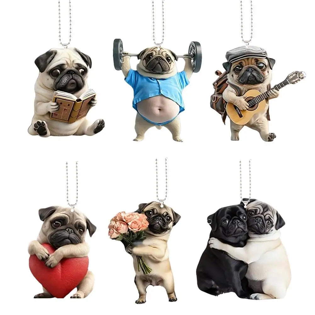 Adorable Pug Acrylic Rearview Mirror Pendant – 2D Cute Puppy Car Ornament & Keychain Charm
