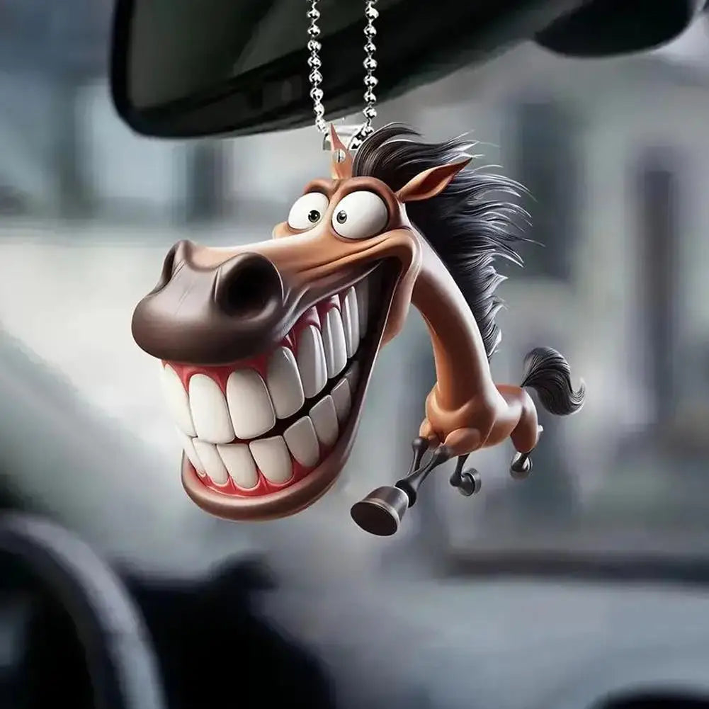 2D Cute Big Mouth Horse Rearview Mirror Pendant – Car Interior Animal Hanging Ornament