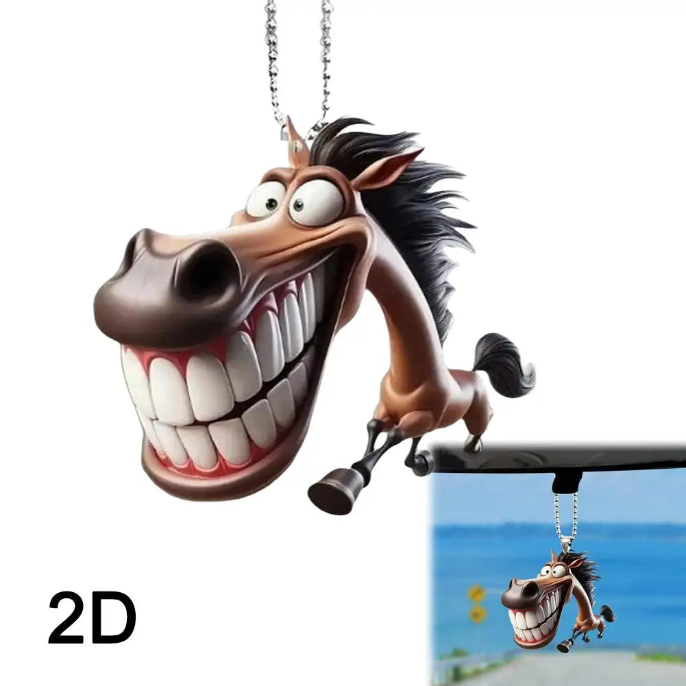 2D Cute Big Mouth Horse Rearview Mirror Pendant – Car Interior Animal Hanging Ornament