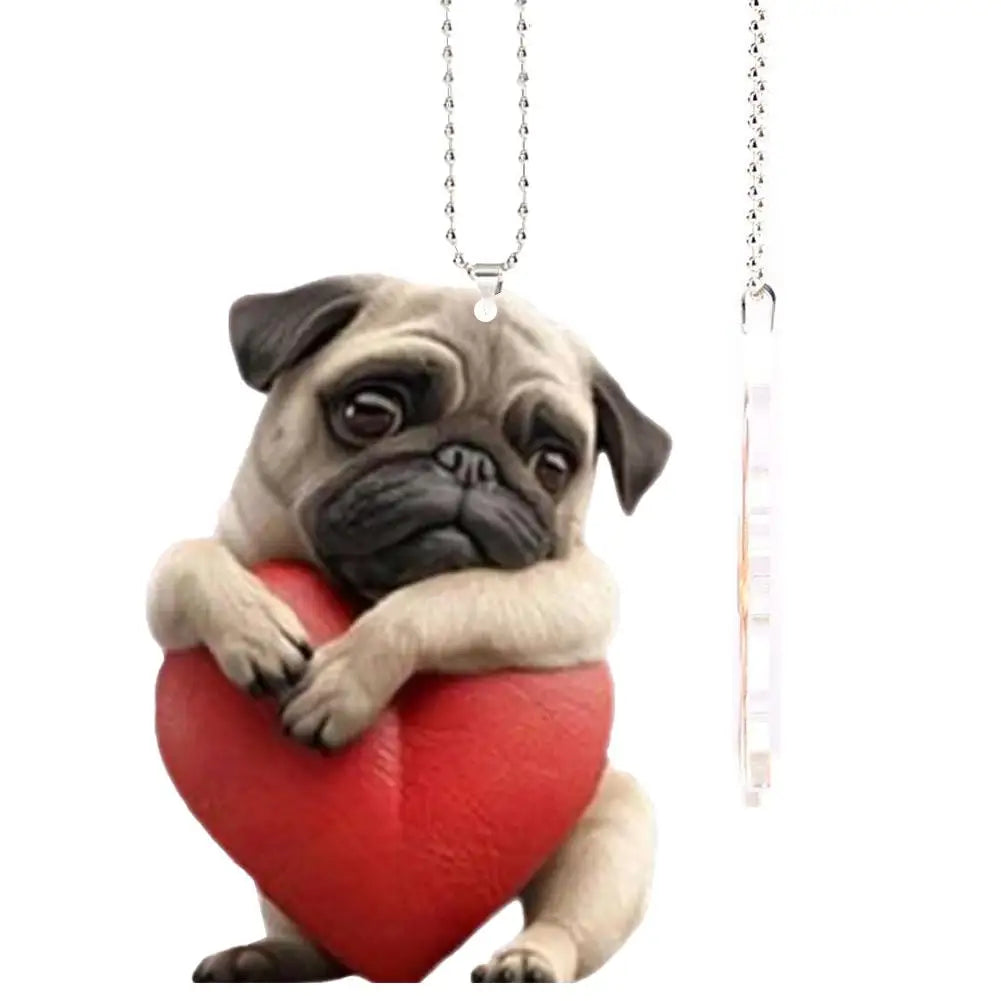 Adorable Pug Acrylic Rearview Mirror Pendant – 2D Cute Puppy Car Ornament & Keychain Charm