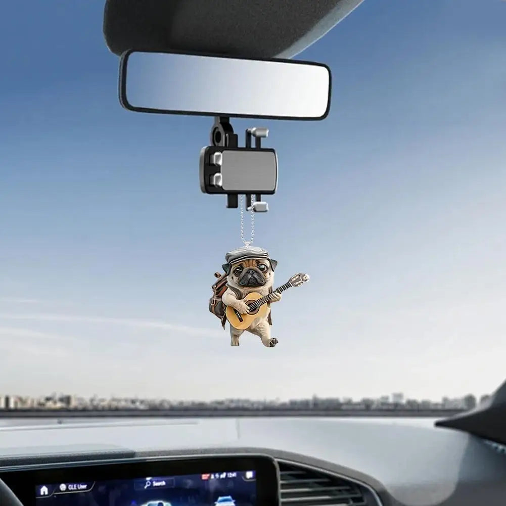 Adorable Pug Acrylic Rearview Mirror Pendant – 2D Cute Puppy Car Ornament & Keychain Charm