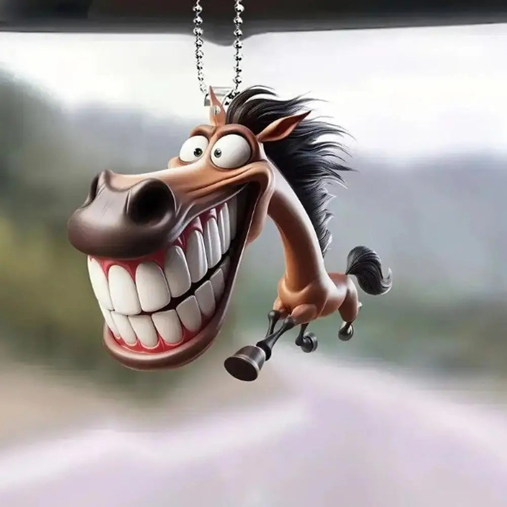 2D Cute Big Mouth Horse Rearview Mirror Pendant – Car Interior Animal Hanging Ornament